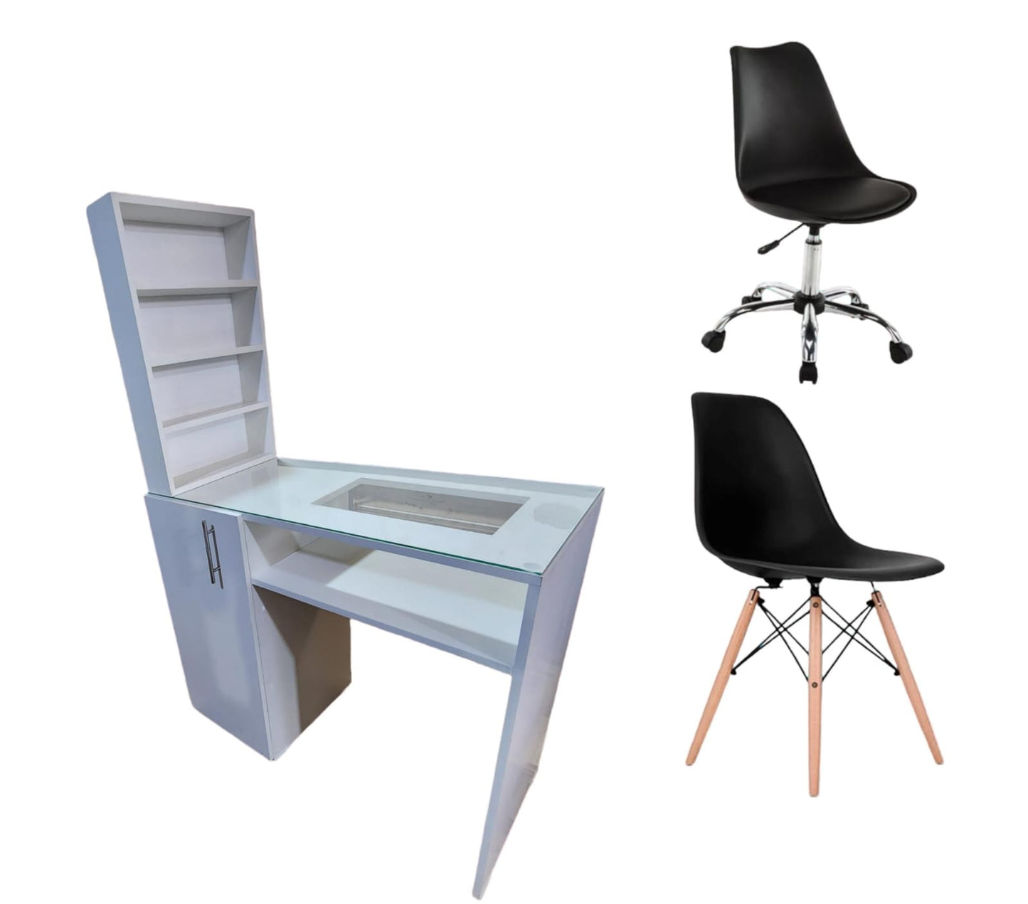 set mesa de manicura con vidrio y puerta