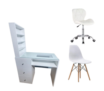 set mesa de manicura con vidrio y cajones