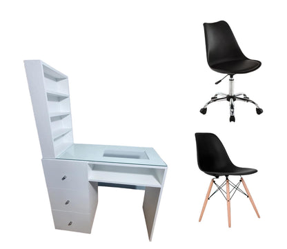 set mesa de manicura con vidrio y cajones