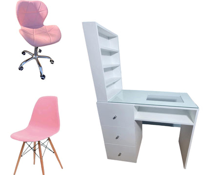 set mesa de manicura con vidrio y cajones